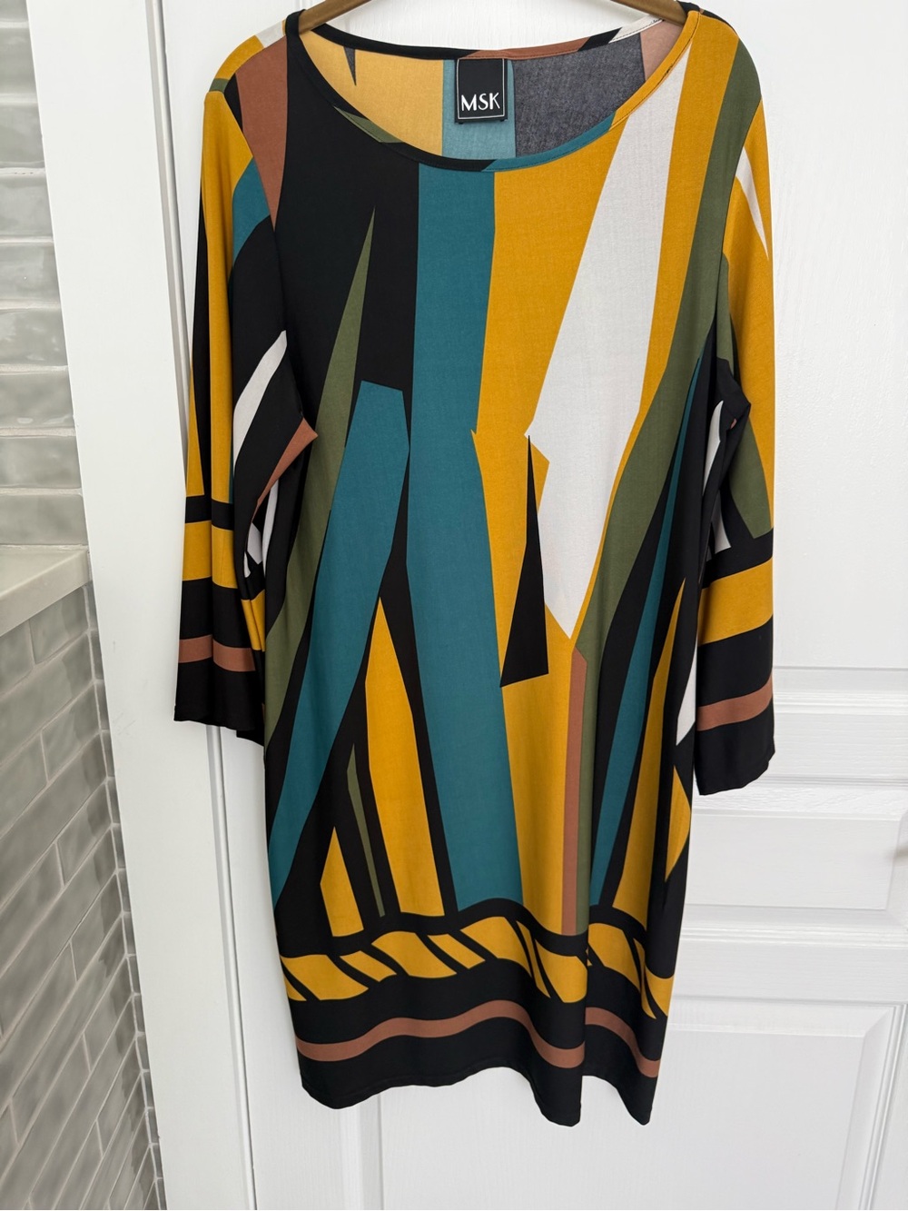 MSK Abstract Geometric Midi Dress in Mustard, Teal, Black, Stretch